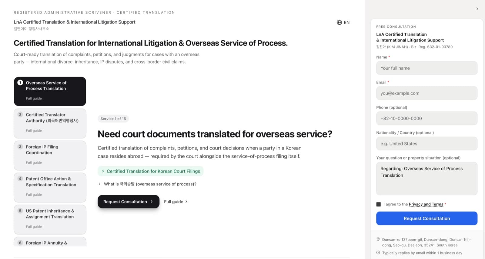 LnA Certified Translation homepage: certified translation for international litigation and overseas service of process