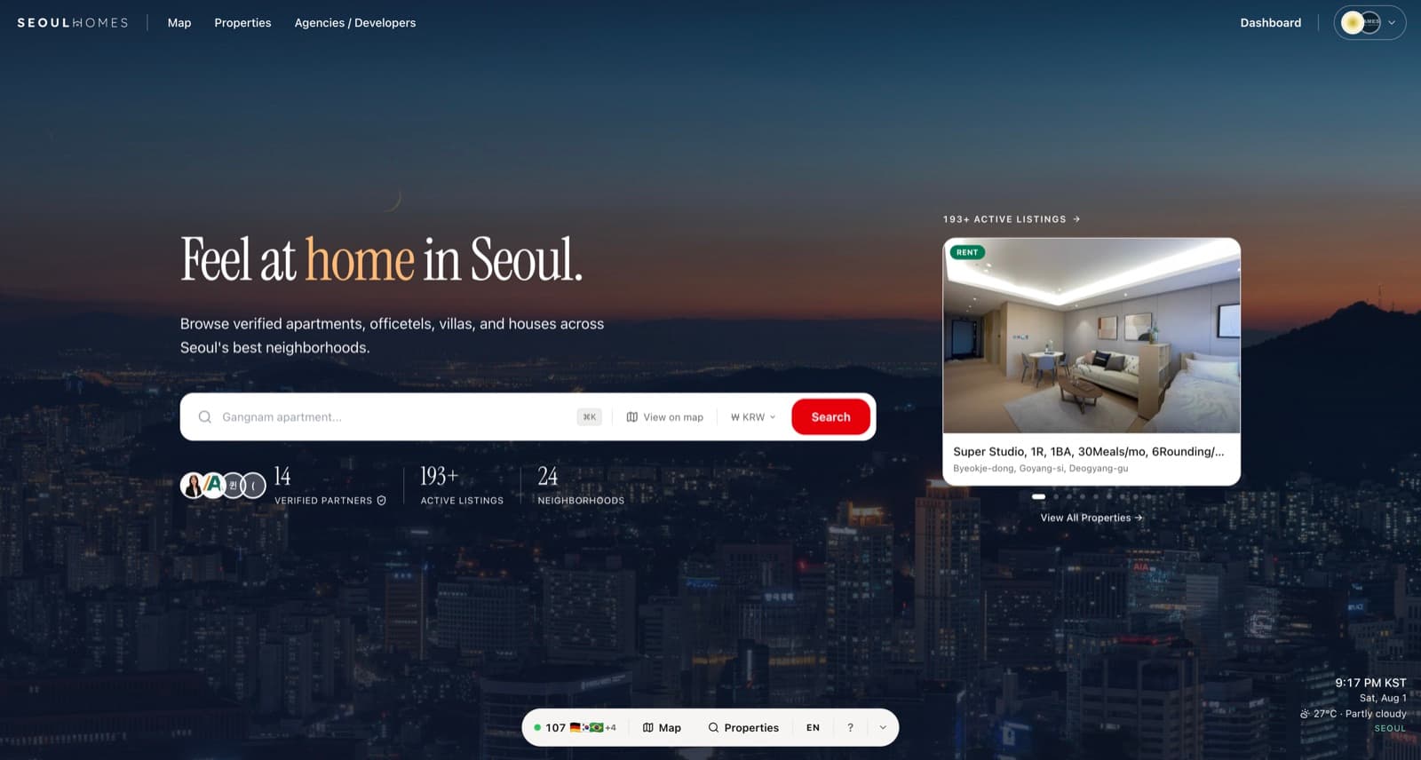 Seoul Homes homepage: apartment listings and search over a Seoul skyline
