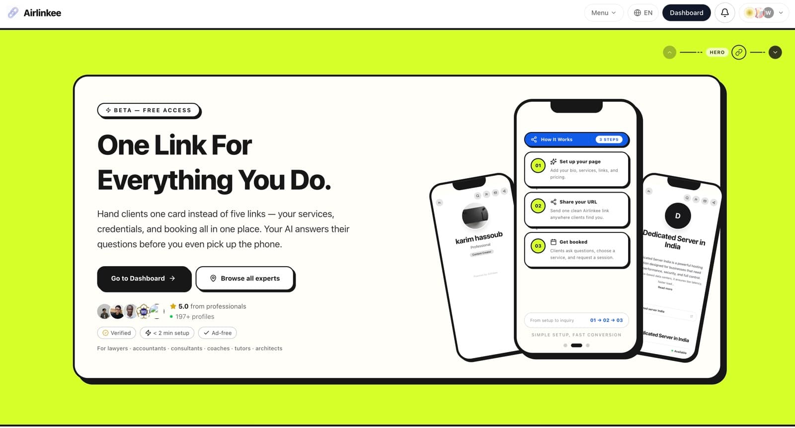 Airlinkee homepage: one link page for services, credentials, and booking, with AI-assisted client Q&A