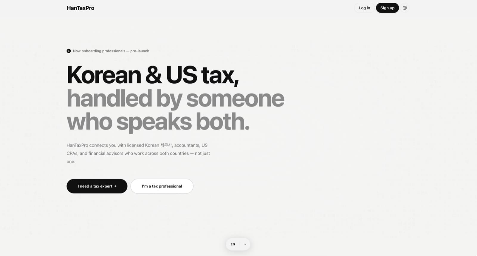 HanTaxPro homepage: matching clients with licensed Korean and US tax professionals