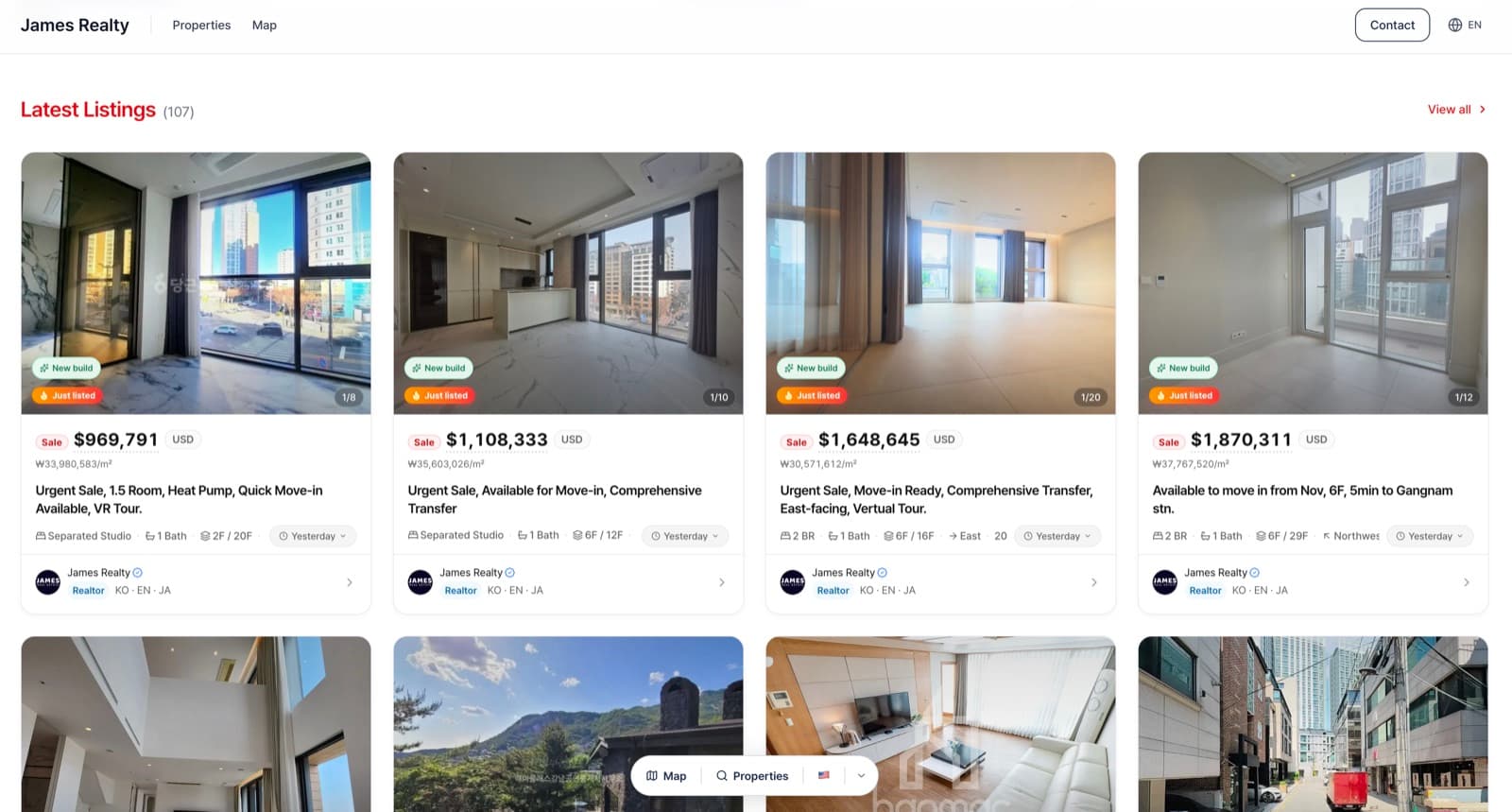 James Realty listings page: white-label version of the Seoul Homes platform