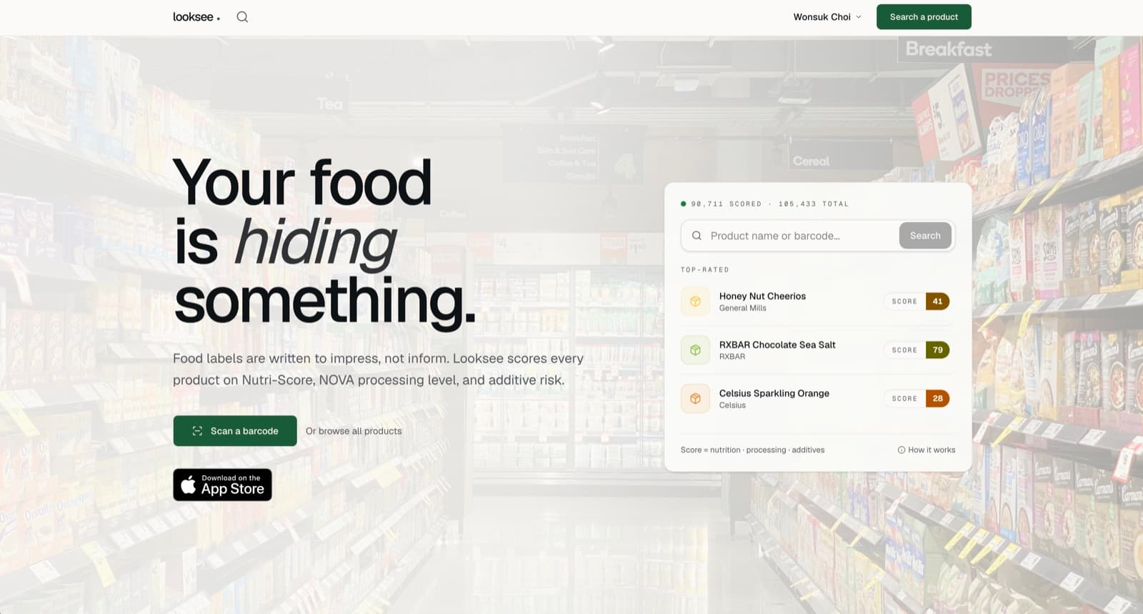 Looksee homepage: food product scoring on nutrition, processing level, and additive risk