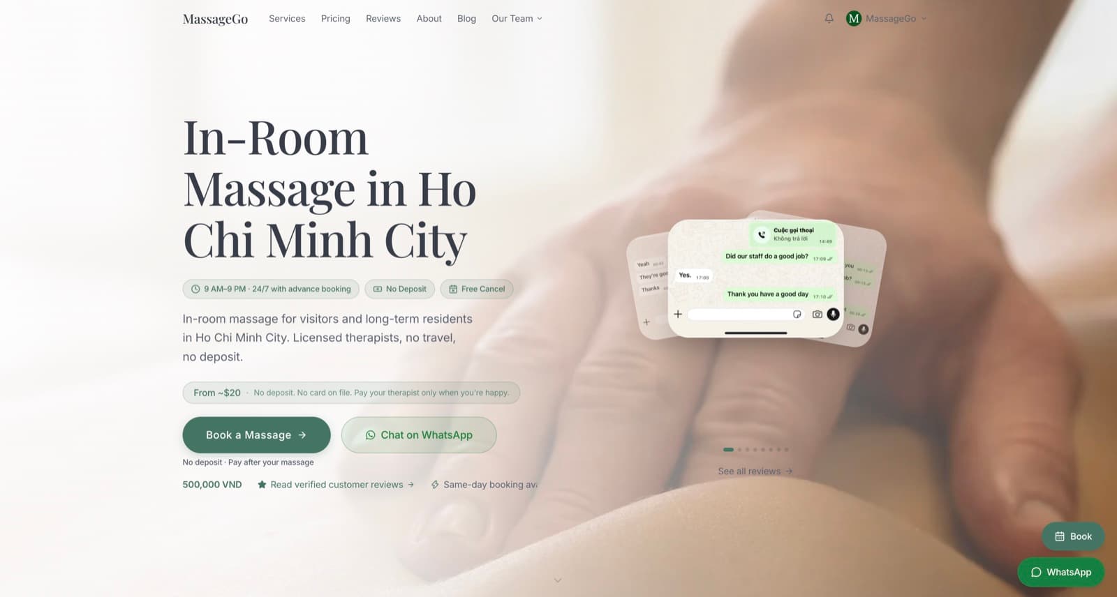 MassageGo homepage: in-room massage booking service in Ho Chi Minh City