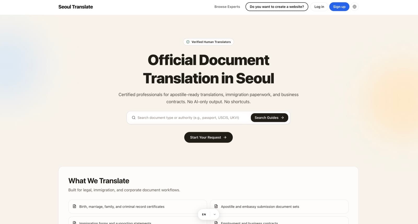 Seoul Translate homepage: certified document translation for immigration, legal, and business use