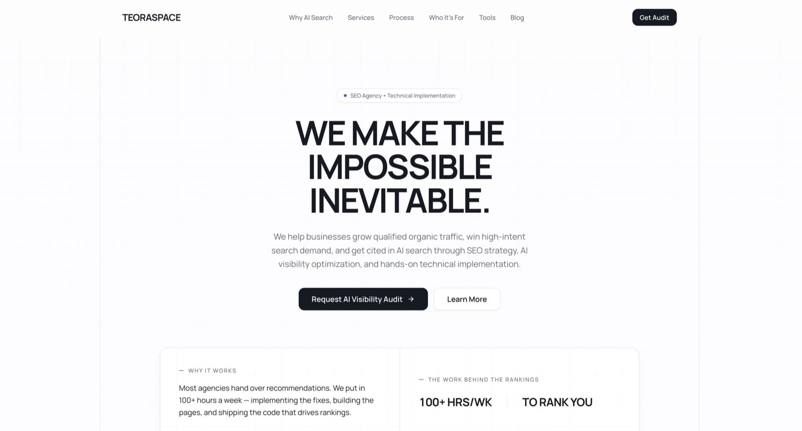 Teoraspace homepage: SEO strategy and AI search visibility optimization agency